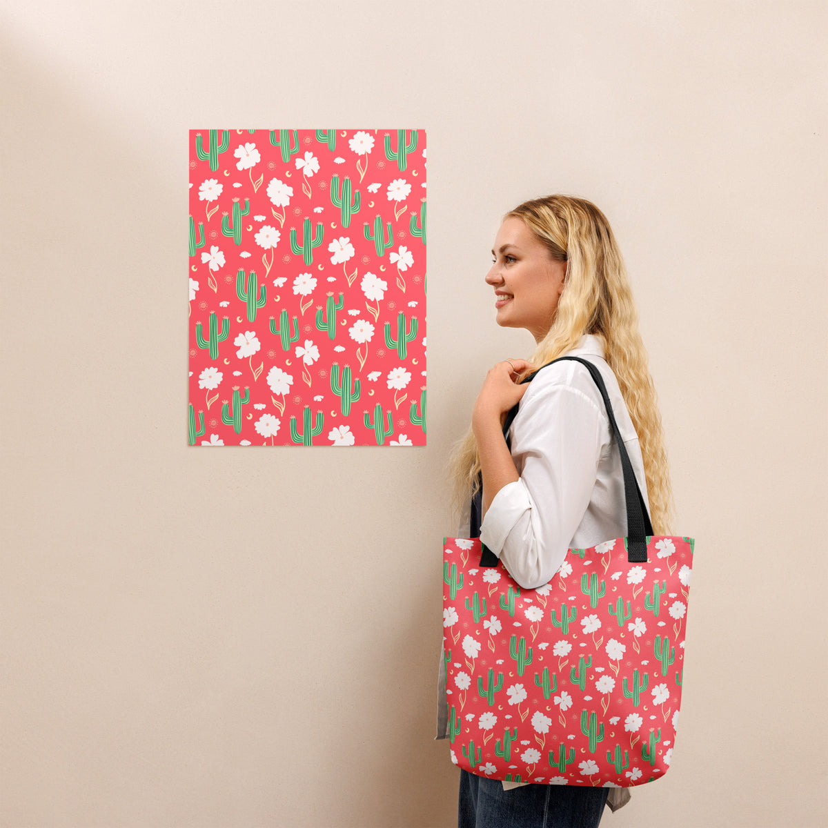 Coral Cactus Floral Tote Bag – Bright Desert Wildflower Celestial Everyday Carryall