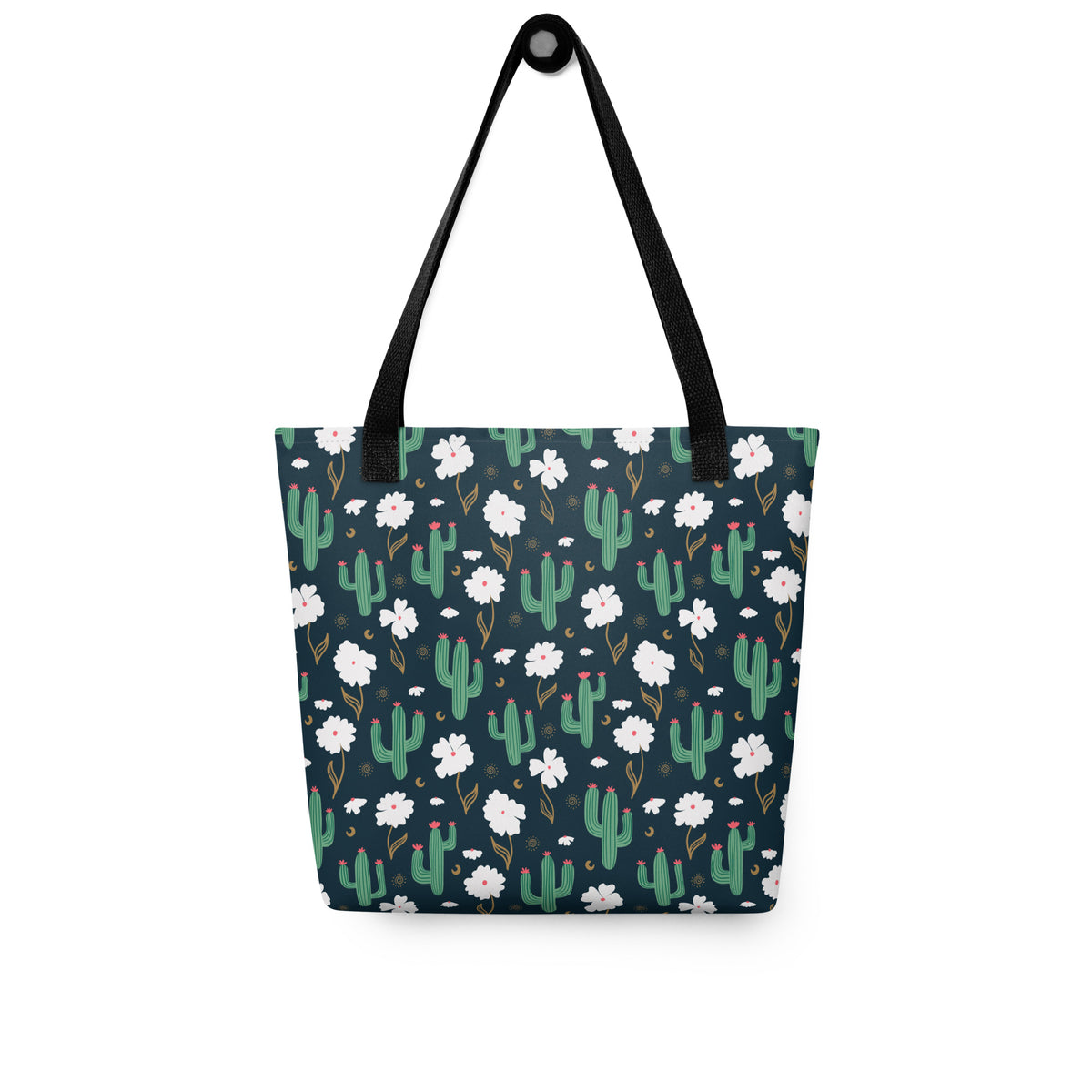 Navy Cactus Floral Tote Bag – Desert Wildflower Celestial Western Everyday Carryall