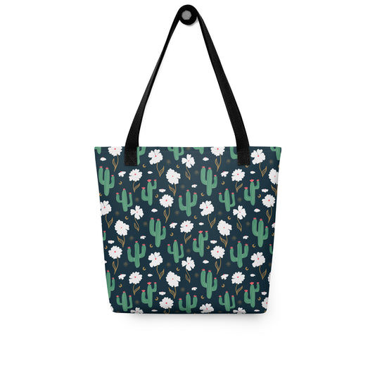 Navy Cactus Floral Tote Bag – Desert Wildflower Celestial Western Everyday Carryall