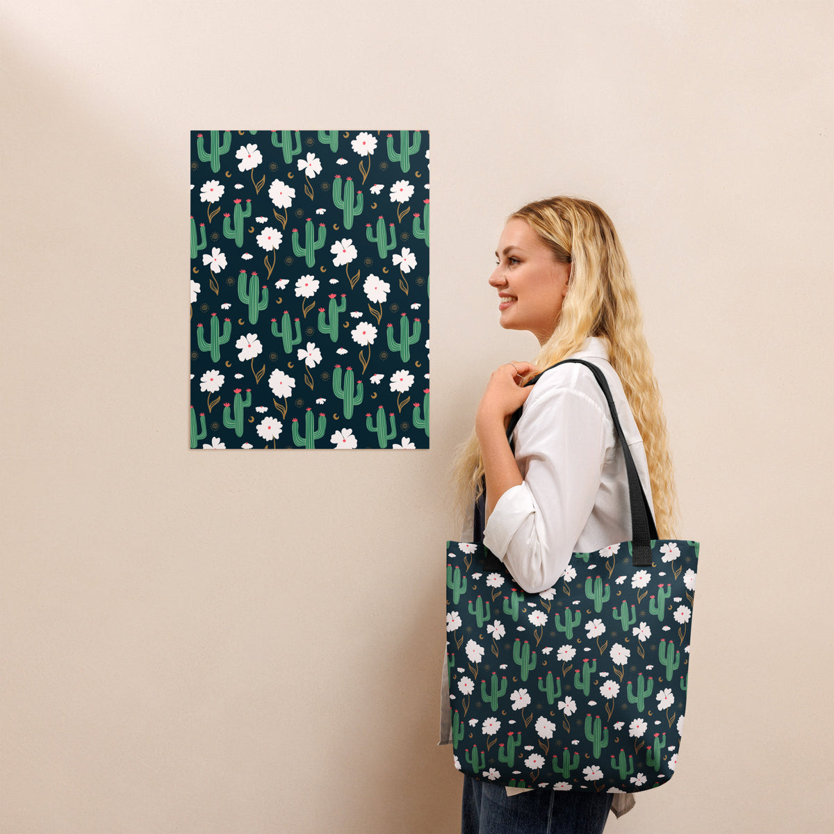 Navy Cactus Floral Tote Bag – Desert Wildflower Celestial Western Everyday Carryall