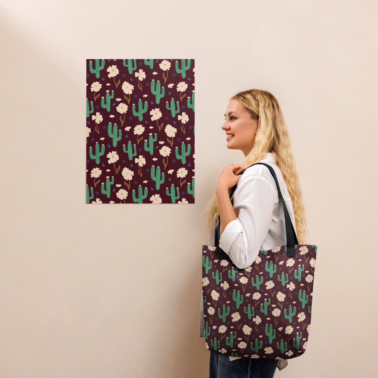 Burgundy Cactus Floral Tote Bag – Desert Wildflower Western Celestial Everyday Carryall