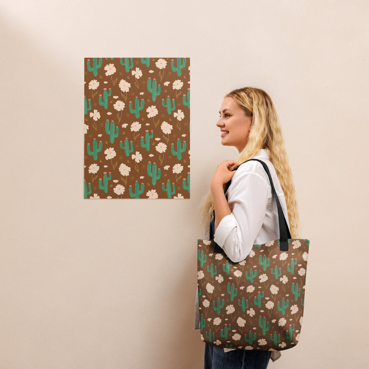 Brown Cactus Floral Tote Bag – Desert Wildflower Celestial Western Everyday Carryall