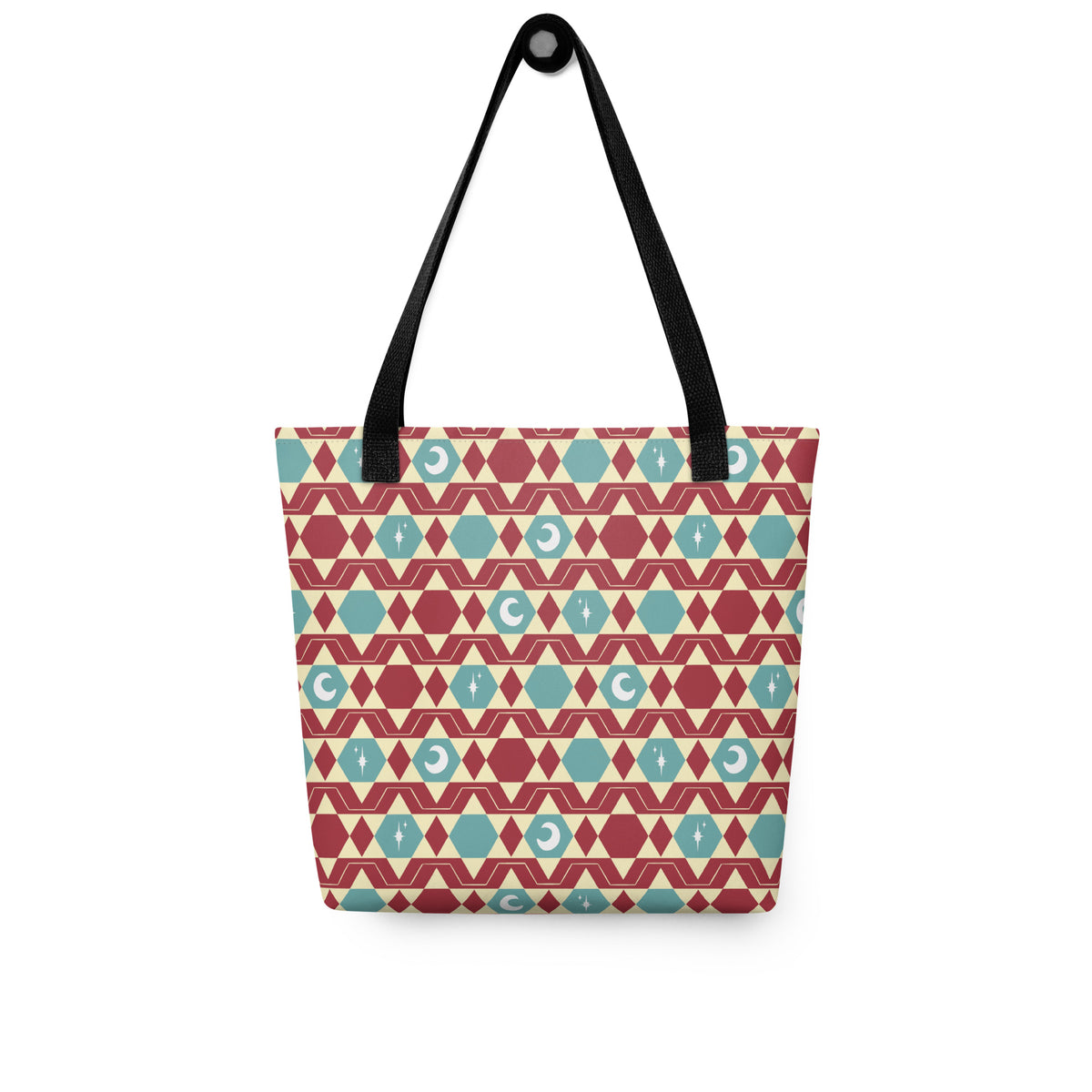 Teal & Red Celestial Tote Bag – Moon Star Geometric Southwestern Print Everyday Carryall