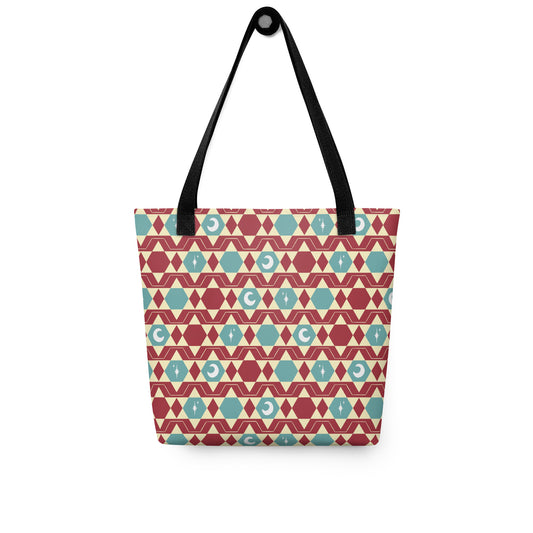 Teal & Red Celestial Tote Bag – Moon Star Geometric Southwestern Print Everyday Carryall