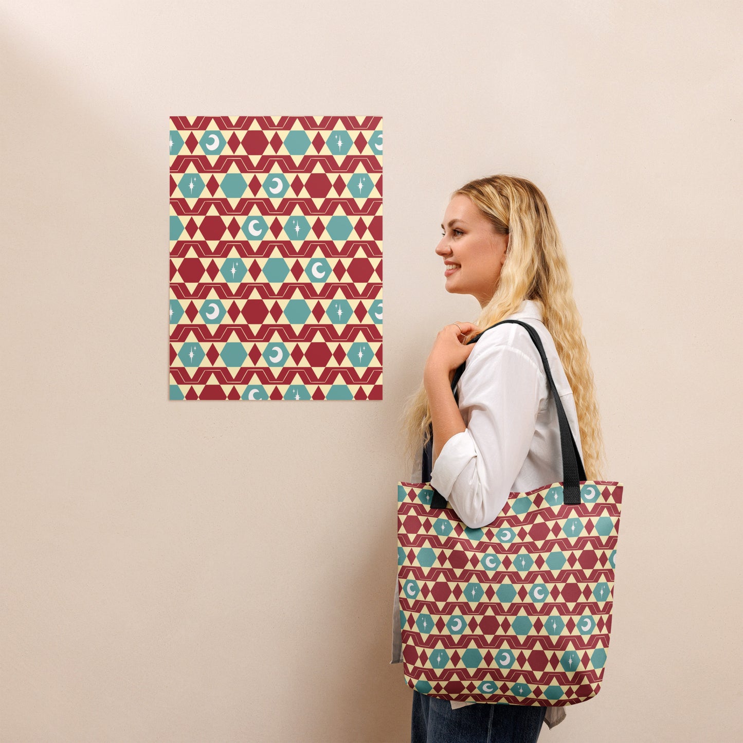 Teal & Red Celestial Tote Bag – Moon Star Geometric Southwestern Print Everyday Carryall