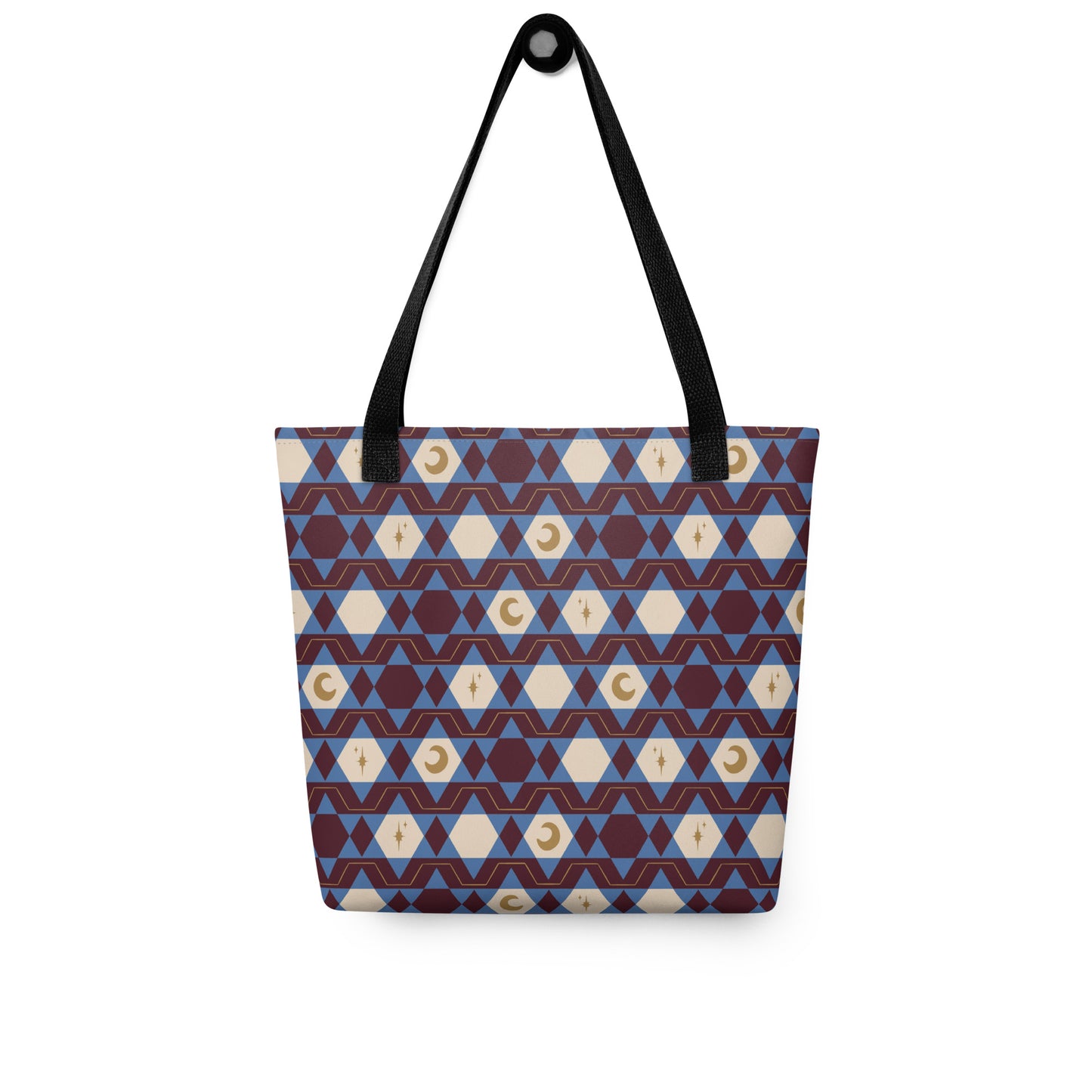 Blue & Burgundy Celestial Tote Bag – Moon Star Geometric Southwestern Print Everyday Carryall