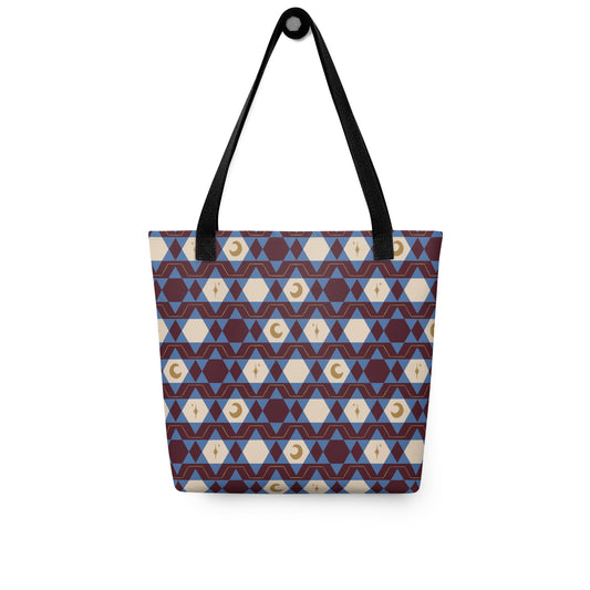 Blue & Burgundy Celestial Tote Bag – Moon Star Geometric Southwestern Print Everyday Carryall