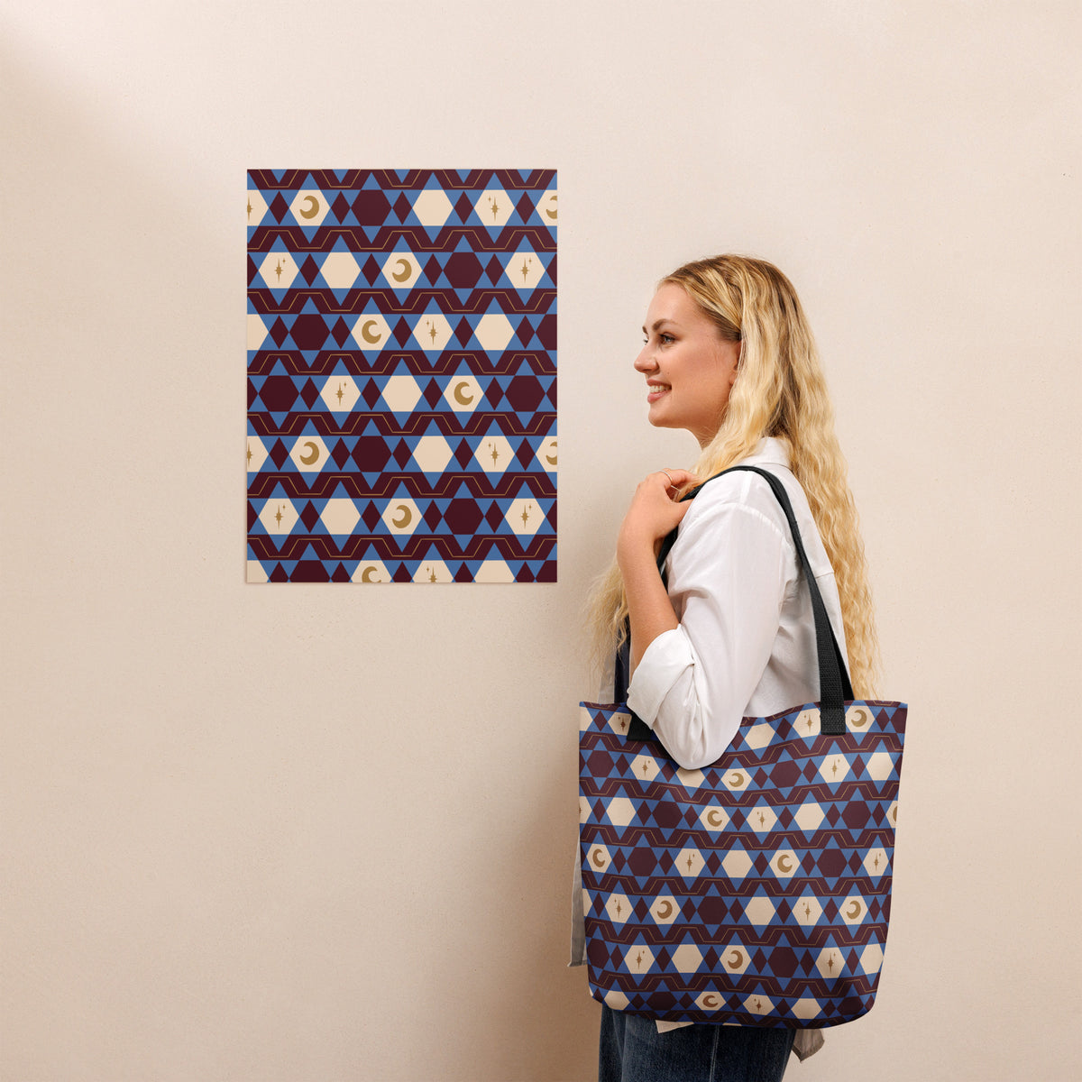 Blue & Burgundy Celestial Tote Bag – Moon Star Geometric Southwestern Print Everyday Carryall