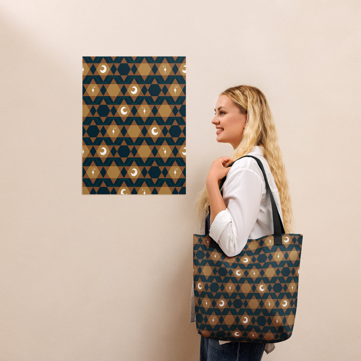 Southwestern Celestial Tote Bag – Moon & Star Geometric Print Everyday Carryall Bag