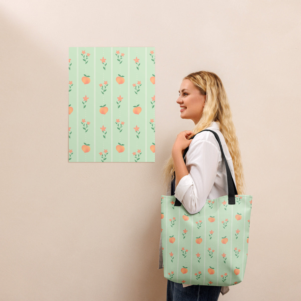 Mint Peach Blossom Tote Bag | Cottage Garden Tote | Botanical Market Bag | Blossom & Peach Collection