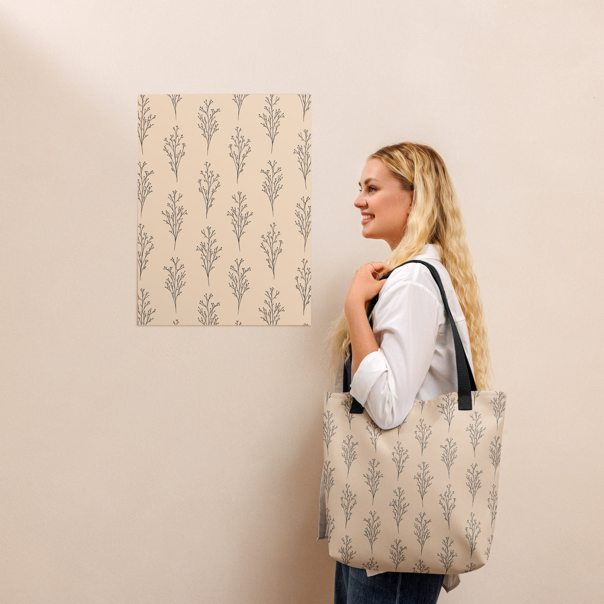 Cream & Black Botanical Tote Bag | Minimalist Everyday Tote