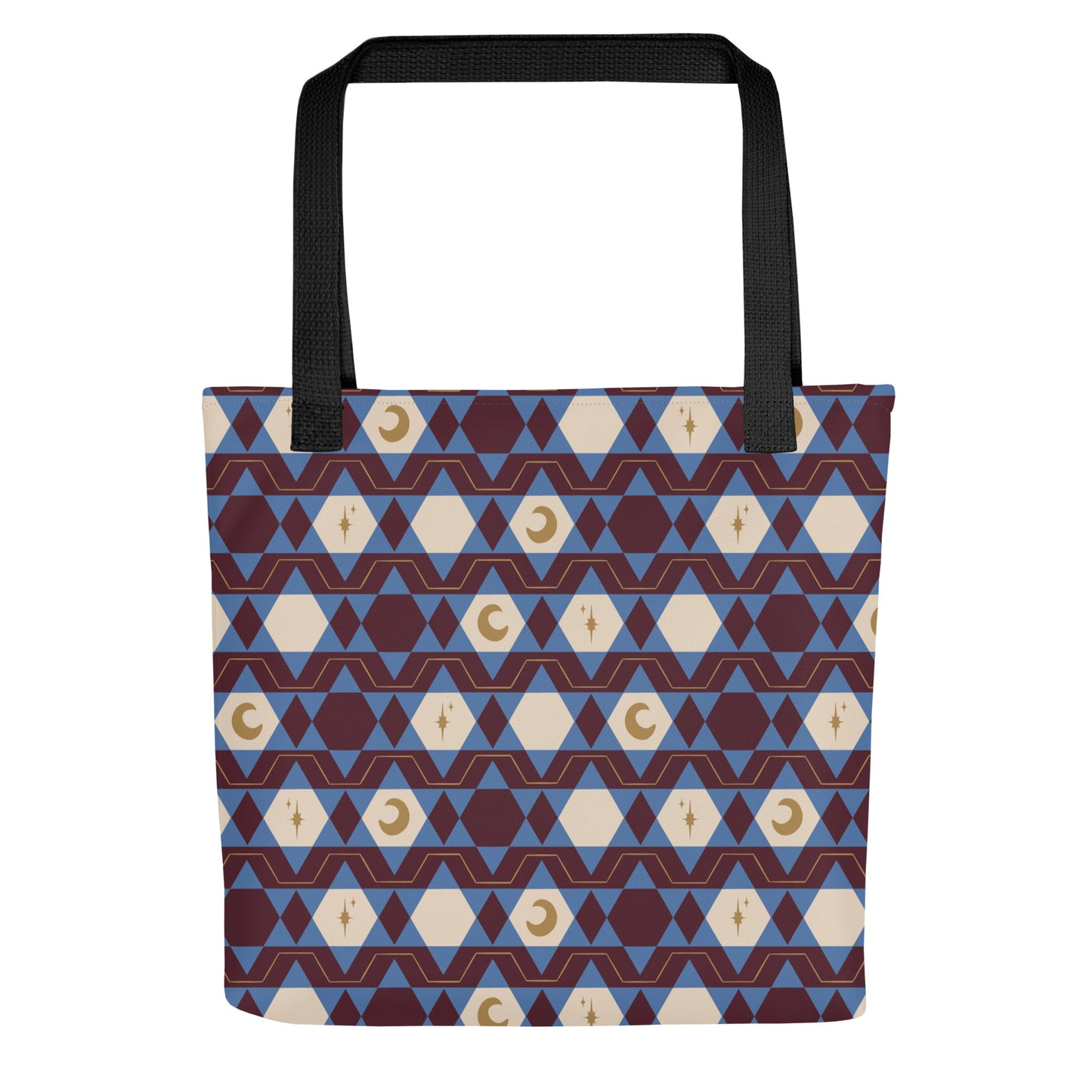 Blue & Burgundy Celestial Tote Bag – Moon Star Geometric Southwestern Print Everyday Carryall