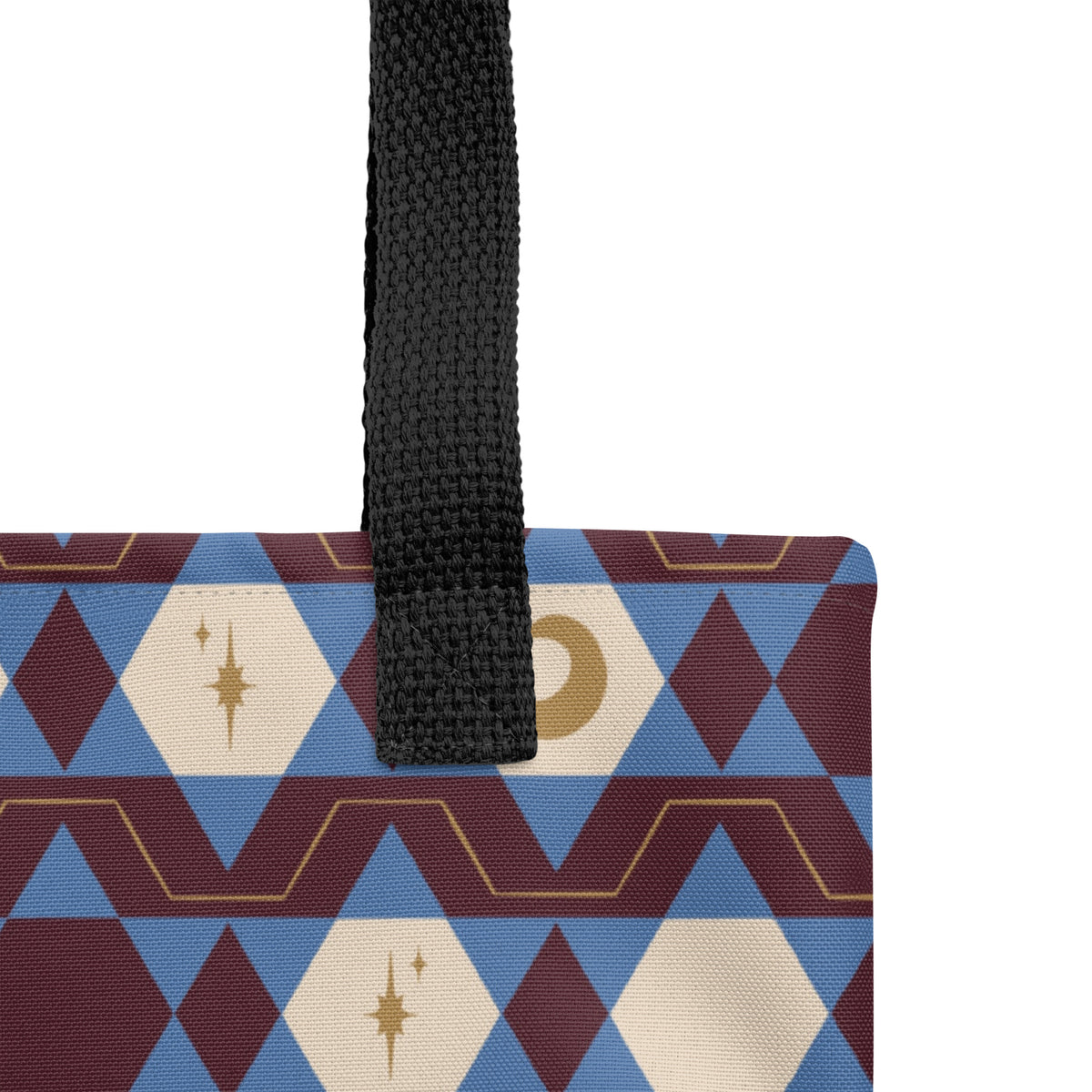 Blue & Burgundy Celestial Tote Bag – Moon Star Geometric Southwestern Print Everyday Carryall