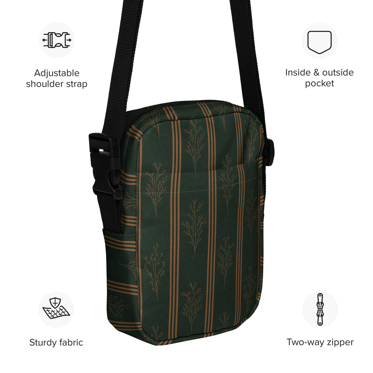Green & Gold Botanical Crossbody Bag | Vintage Striped Purse