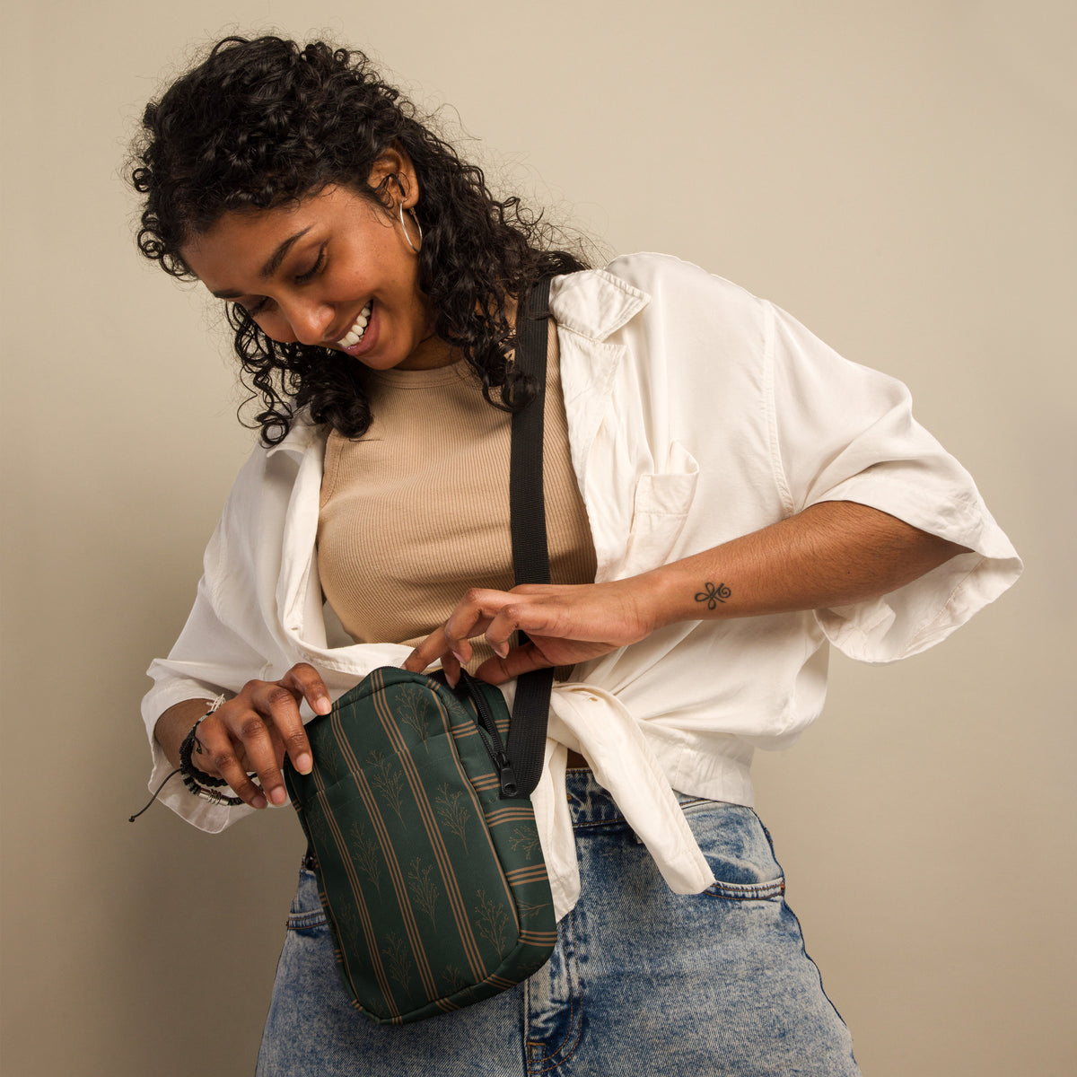 Green & Gold Botanical Crossbody Bag | Vintage Striped Purse