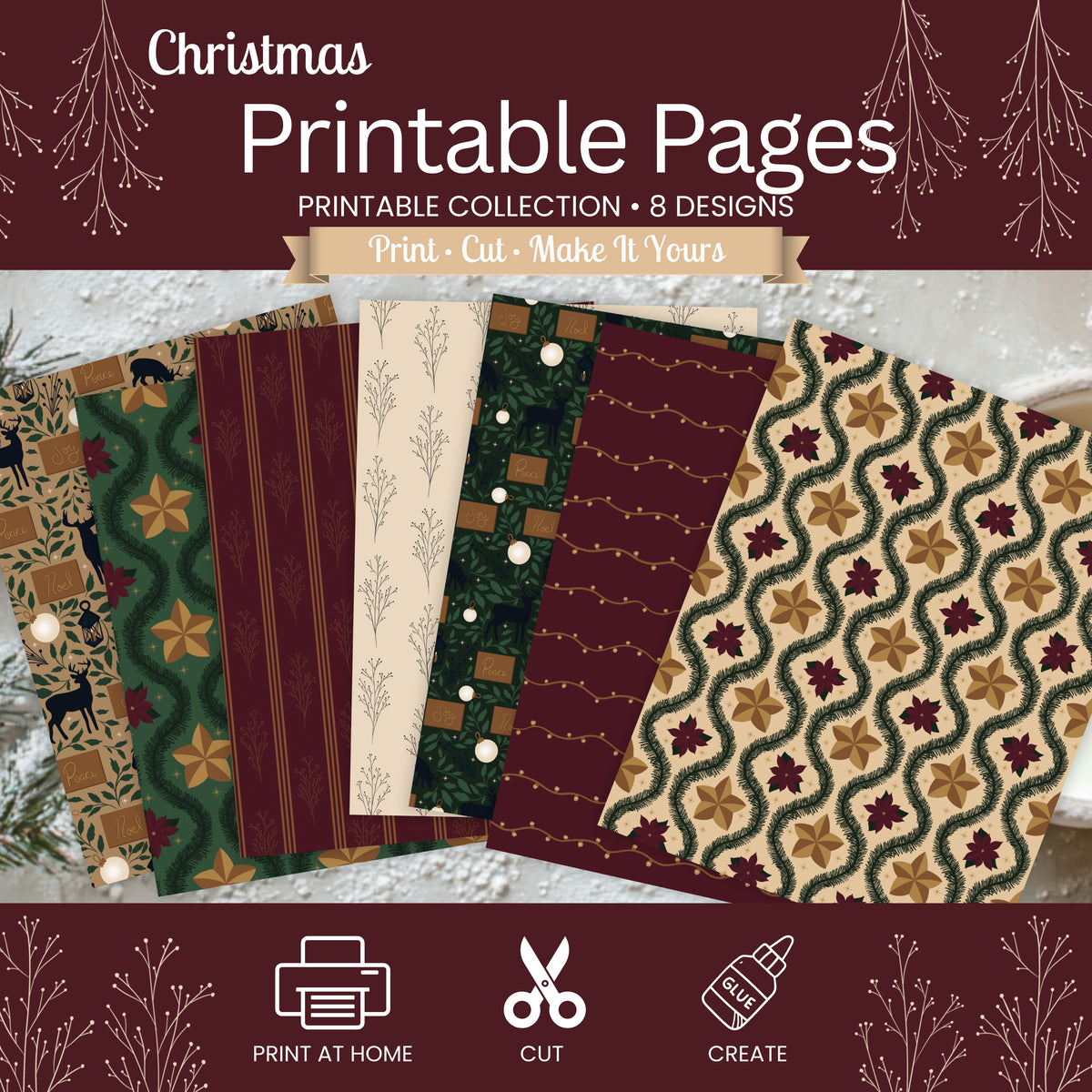 Christmas Printable Craft Paper | Set of 8 Holiday Patterned Papers