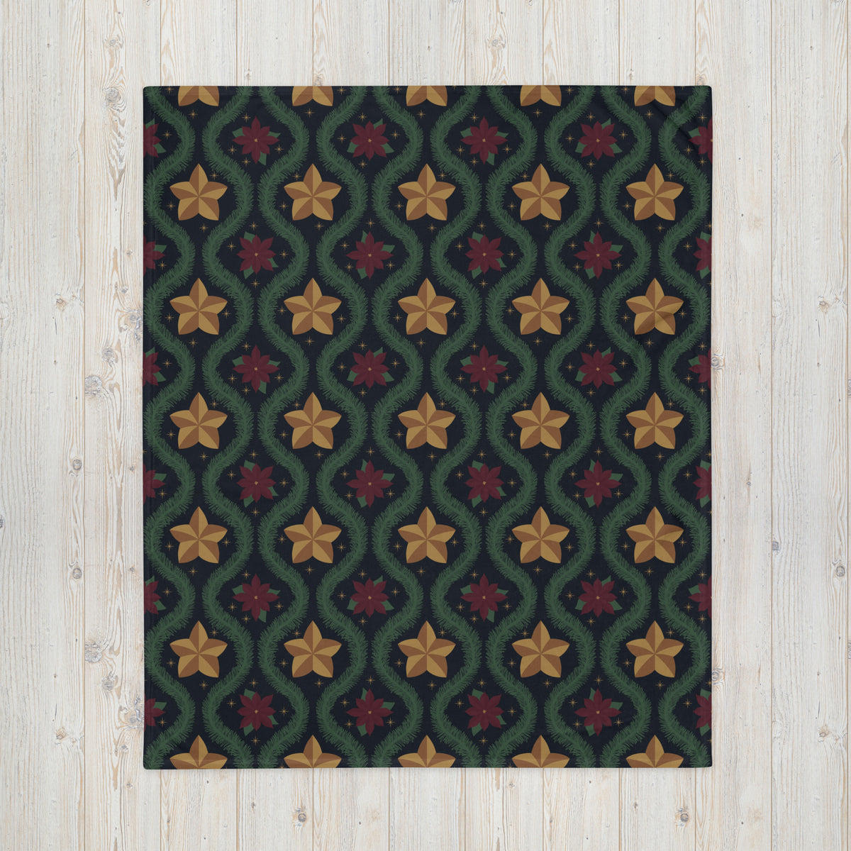 Blue Vintage Poinsettia Christmas Fleece Blanket | Evergreen Holiday Throw