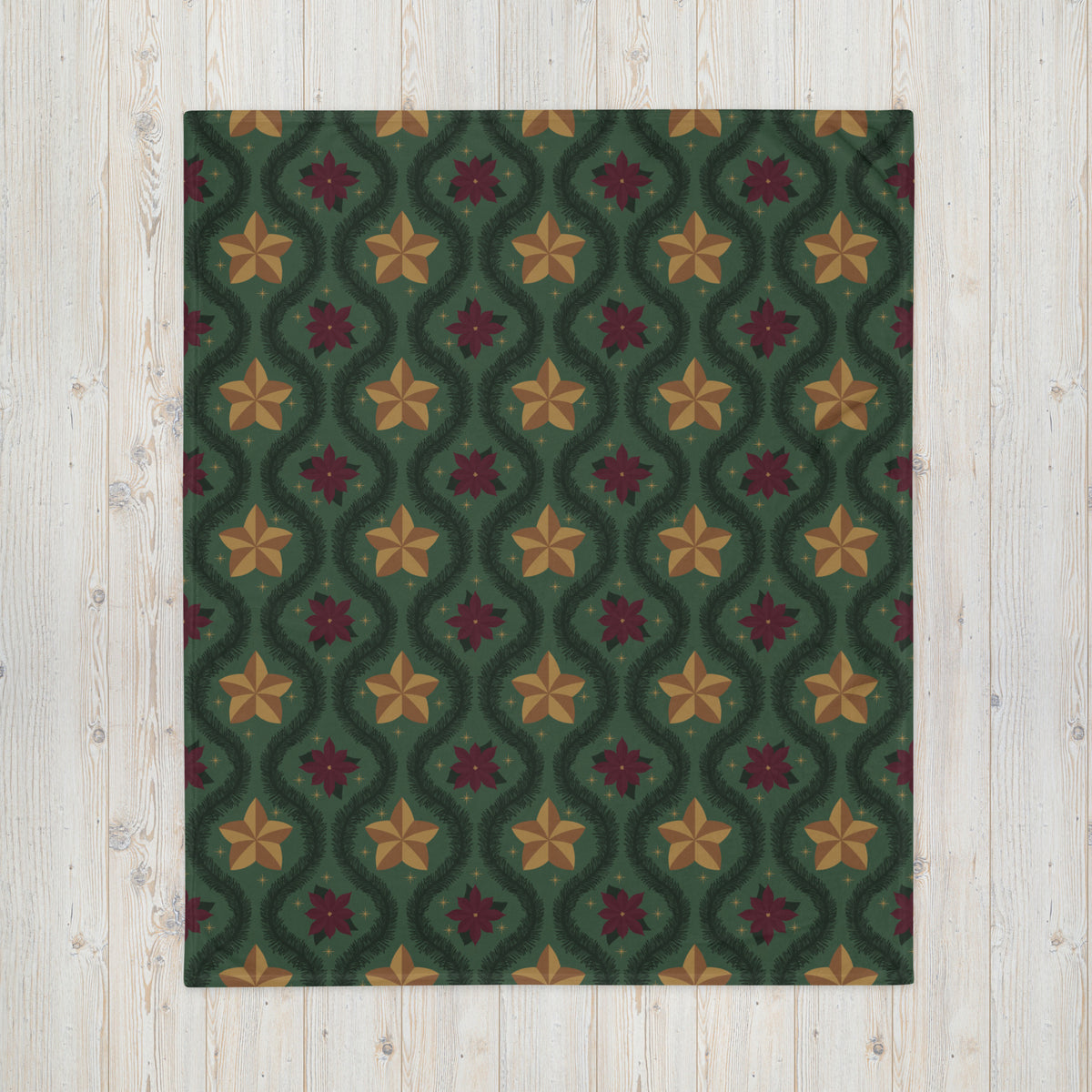Green Vintage Poinsettia Christmas Fleece Blanket | Evergreen Holiday Throw