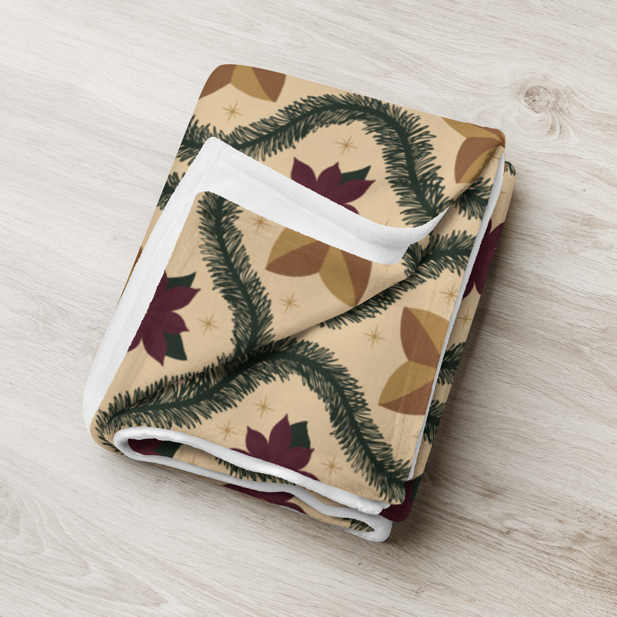 Vintage Poinsettia Christmas Fleece Blanket | Evergreen & Gold Holiday Throw