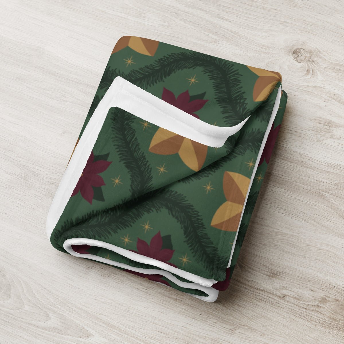 Green Vintage Poinsettia Christmas Fleece Blanket | Evergreen Holiday Throw