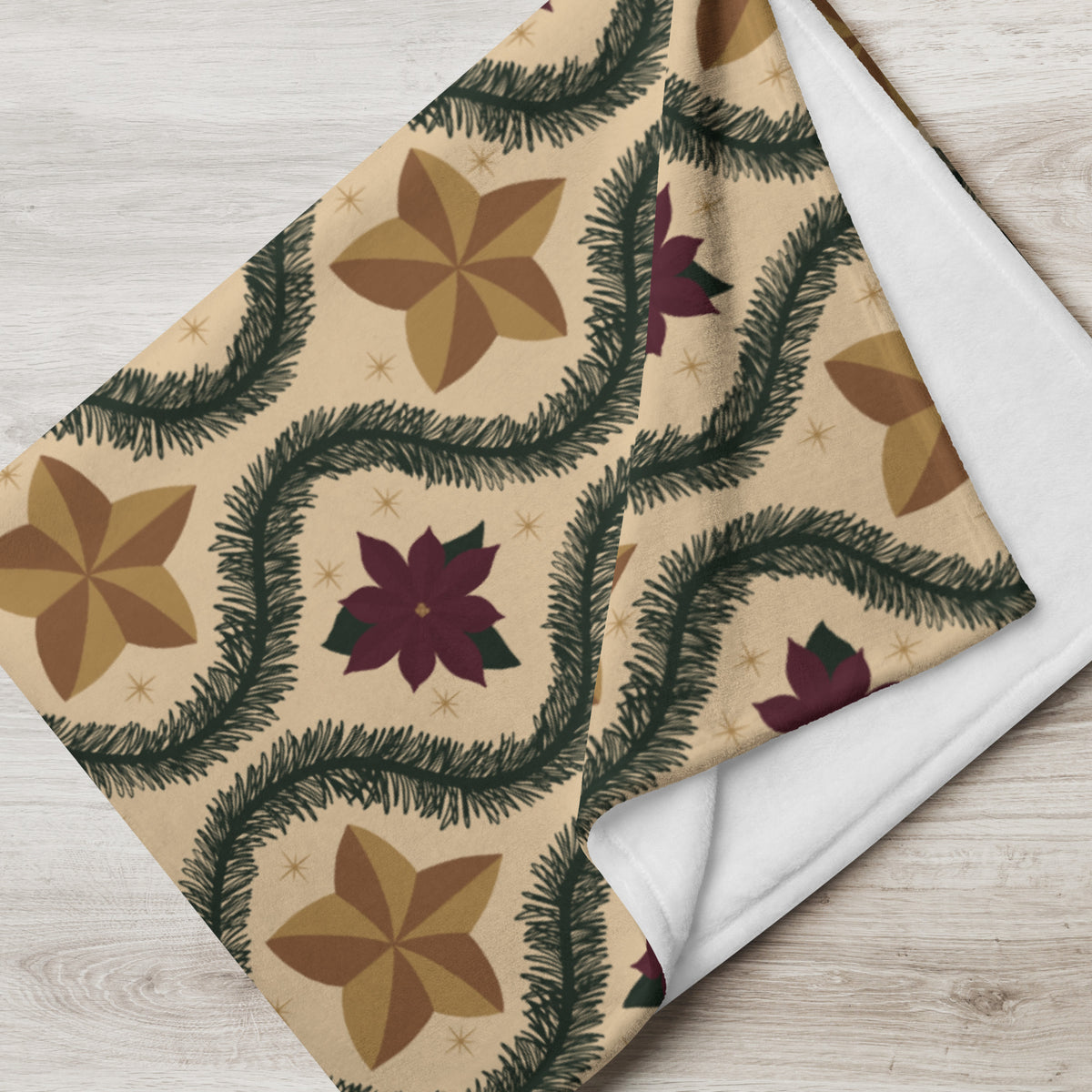 Vintage Poinsettia Christmas Fleece Blanket | Evergreen & Gold Holiday Throw
