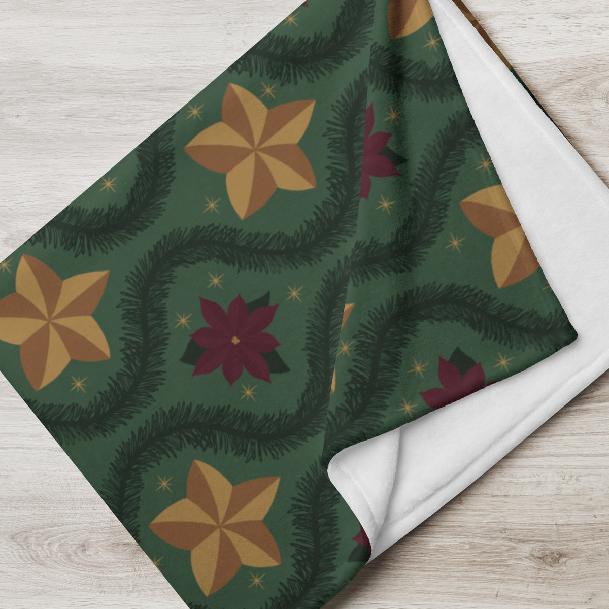 Green Vintage Poinsettia Christmas Fleece Blanket | Evergreen Holiday Throw