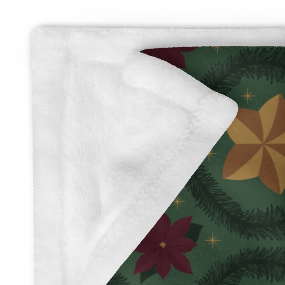 Green Vintage Poinsettia Christmas Fleece Blanket | Evergreen Holiday Throw