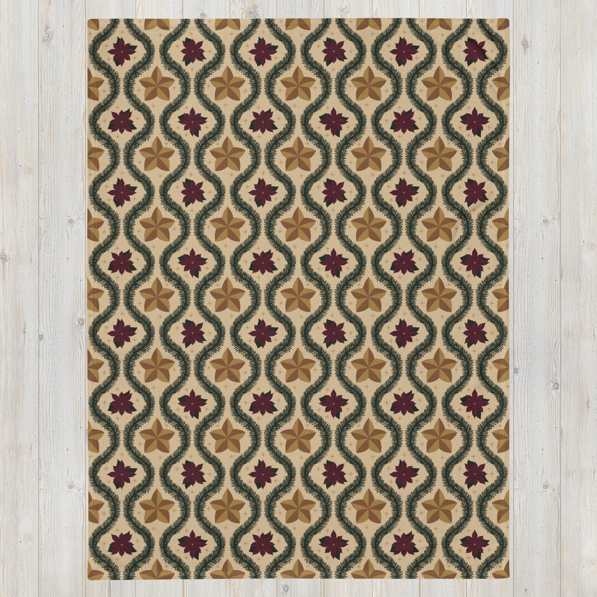 Vintage Poinsettia Christmas Fleece Blanket | Evergreen & Gold Holiday Throw