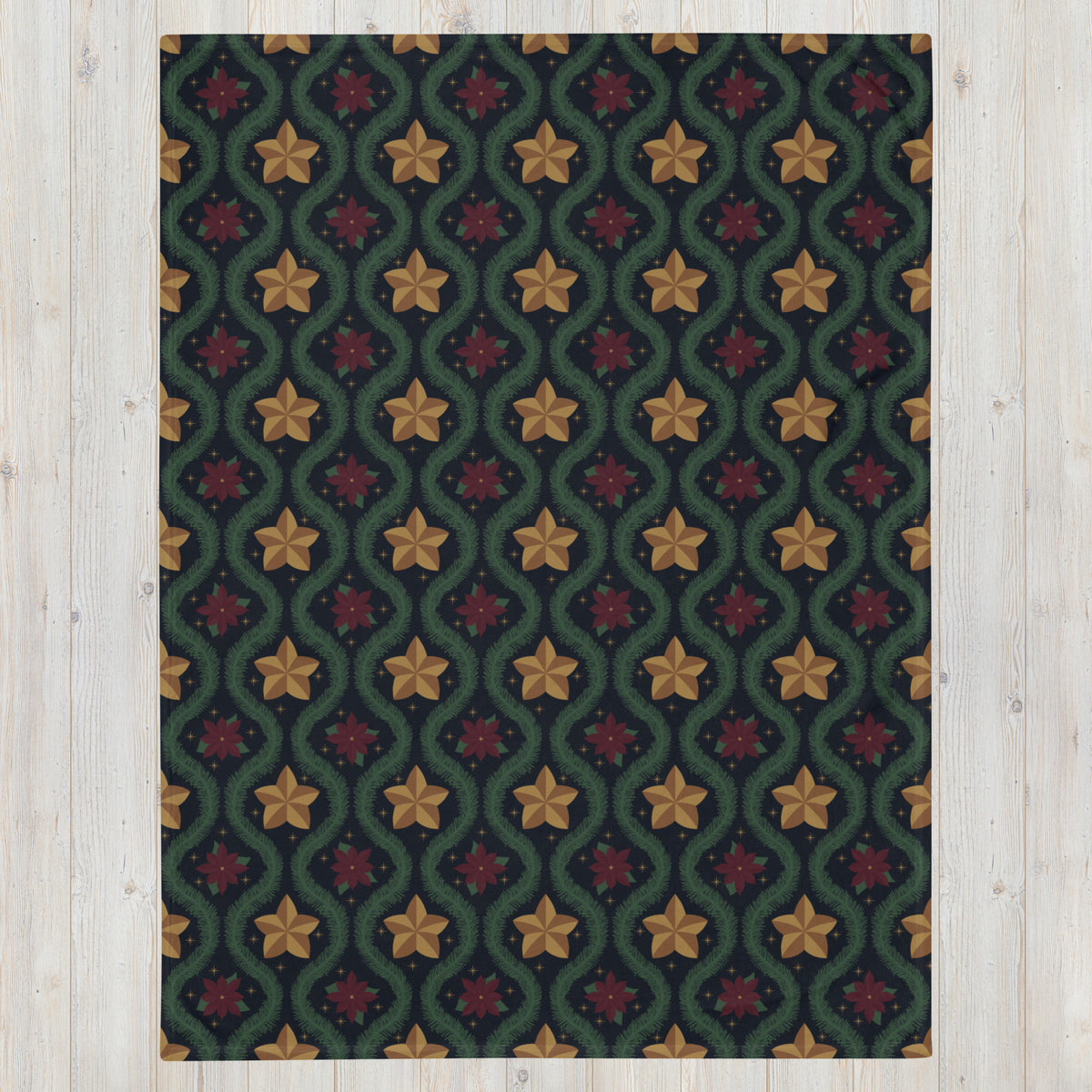 Blue Vintage Poinsettia Christmas Fleece Blanket | Evergreen Holiday Throw
