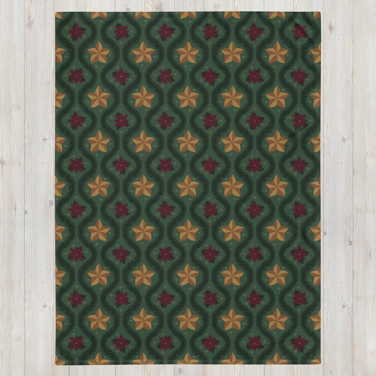 Green Vintage Poinsettia Christmas Fleece Blanket | Evergreen Holiday Throw