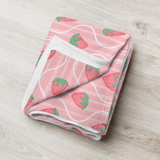 Sweet Strawberry Picnic Blanket – Cozy Pink Strawberry Pattern Throw | Cottagecore Summer Aesthetic Blanket | Soft Strawberry Home Decor