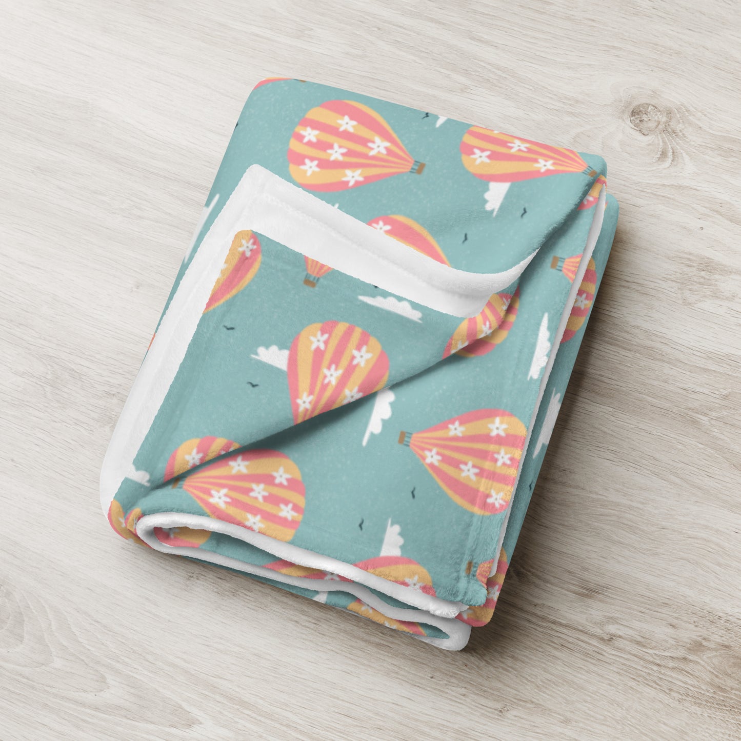Blooming Skies Blanket – Teal Hot Air Balloon Throw | Coastal Dream Aesthetic Blanket | Whimsical Floral Sky Cozy Blanket Gift