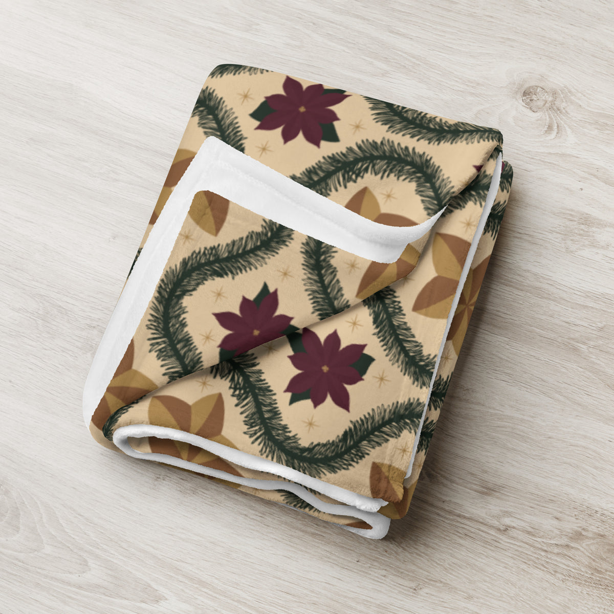 Vintage Poinsettia Christmas Fleece Blanket | Evergreen & Gold Holiday Throw