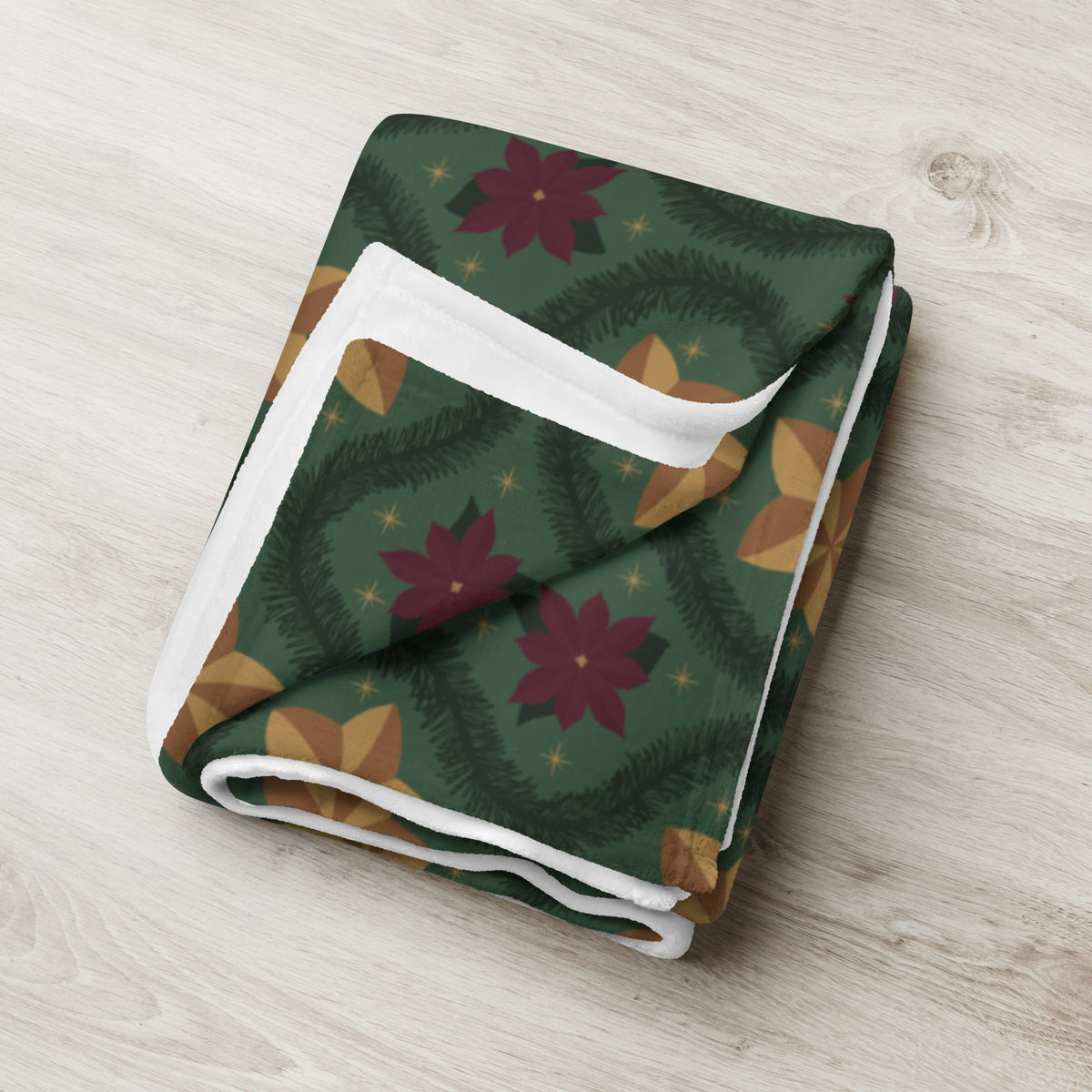 Green Vintage Poinsettia Christmas Fleece Blanket | Evergreen Holiday Throw