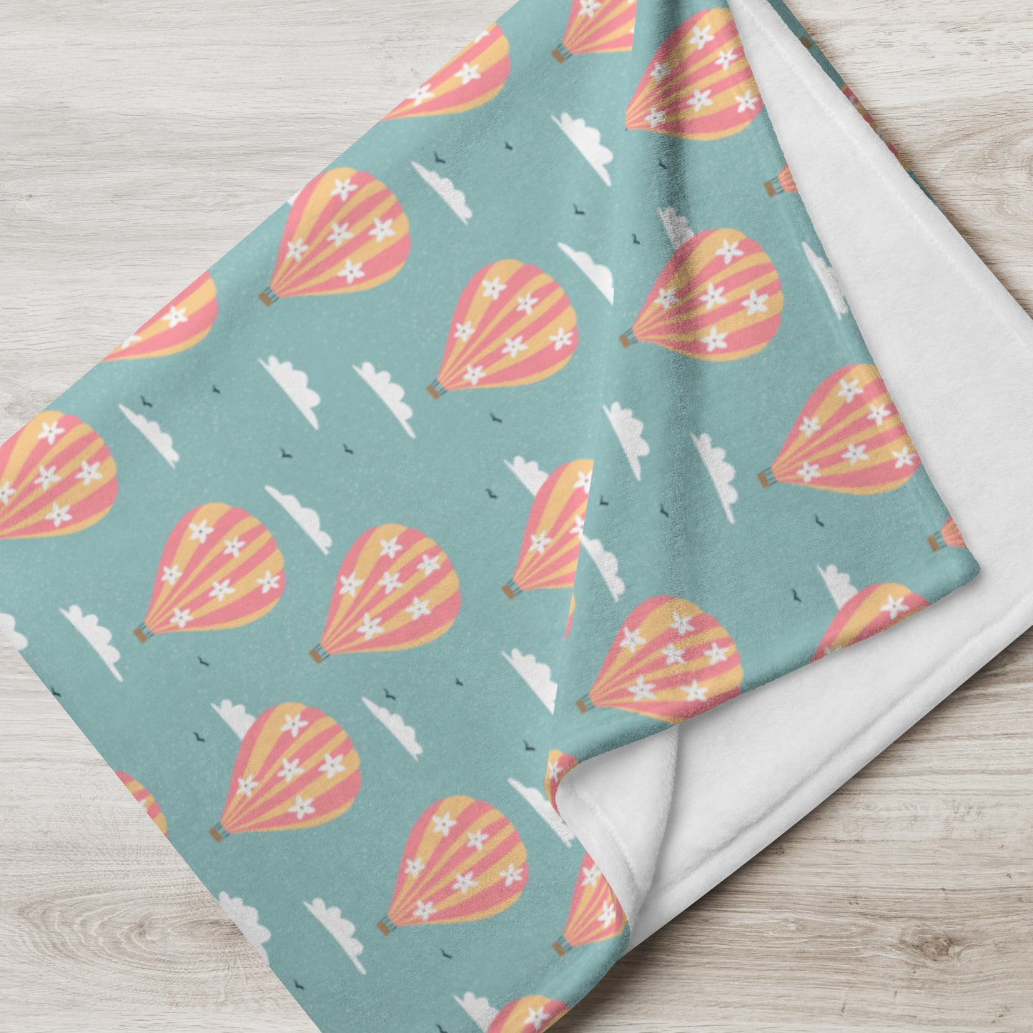 Blooming Skies Blanket – Teal Hot Air Balloon Throw | Coastal Dream Aesthetic Blanket | Whimsical Floral Sky Cozy Blanket Gift