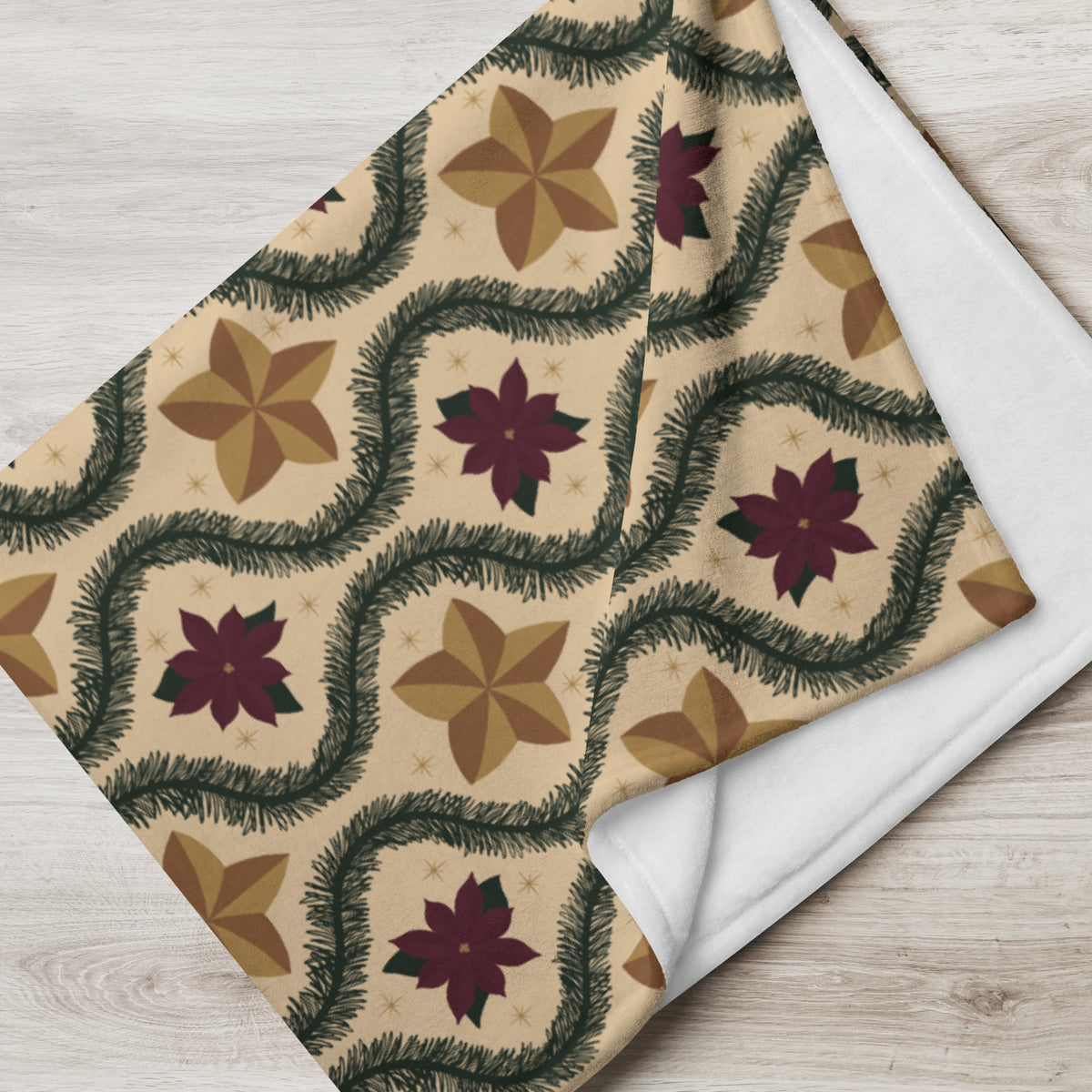 Vintage Poinsettia Christmas Fleece Blanket | Evergreen & Gold Holiday Throw
