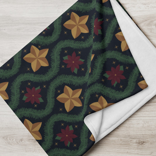 Blue Vintage Poinsettia Christmas Fleece Blanket | Evergreen Holiday Throw
