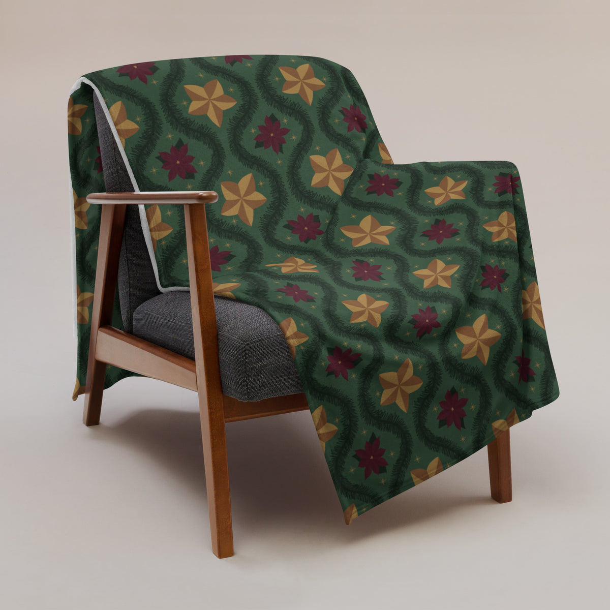 Green Vintage Poinsettia Christmas Fleece Blanket | Evergreen Holiday Throw